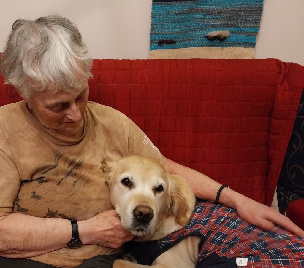 An image of Lily, a Labrador golden retriever, sitting with her owner Alix on a red sofa. Lily is wearing a red tartan dog coat and Alix has short white hair and is wearing a tan-coloured t-shirt. Alix is looking down at Lily and smiling